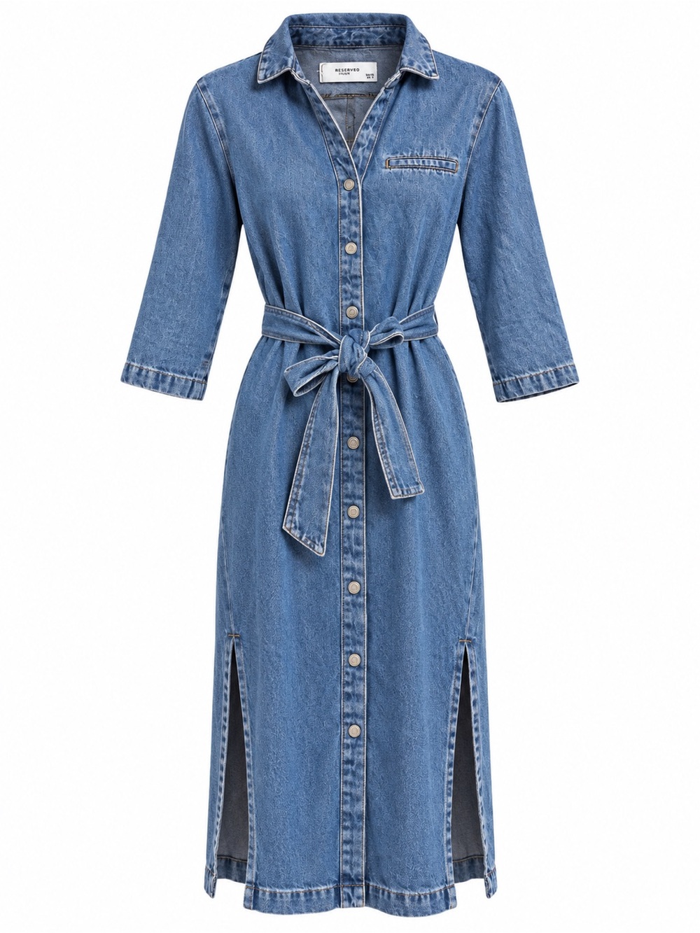 Denim Shirt Dress with Tie Belt - Blue